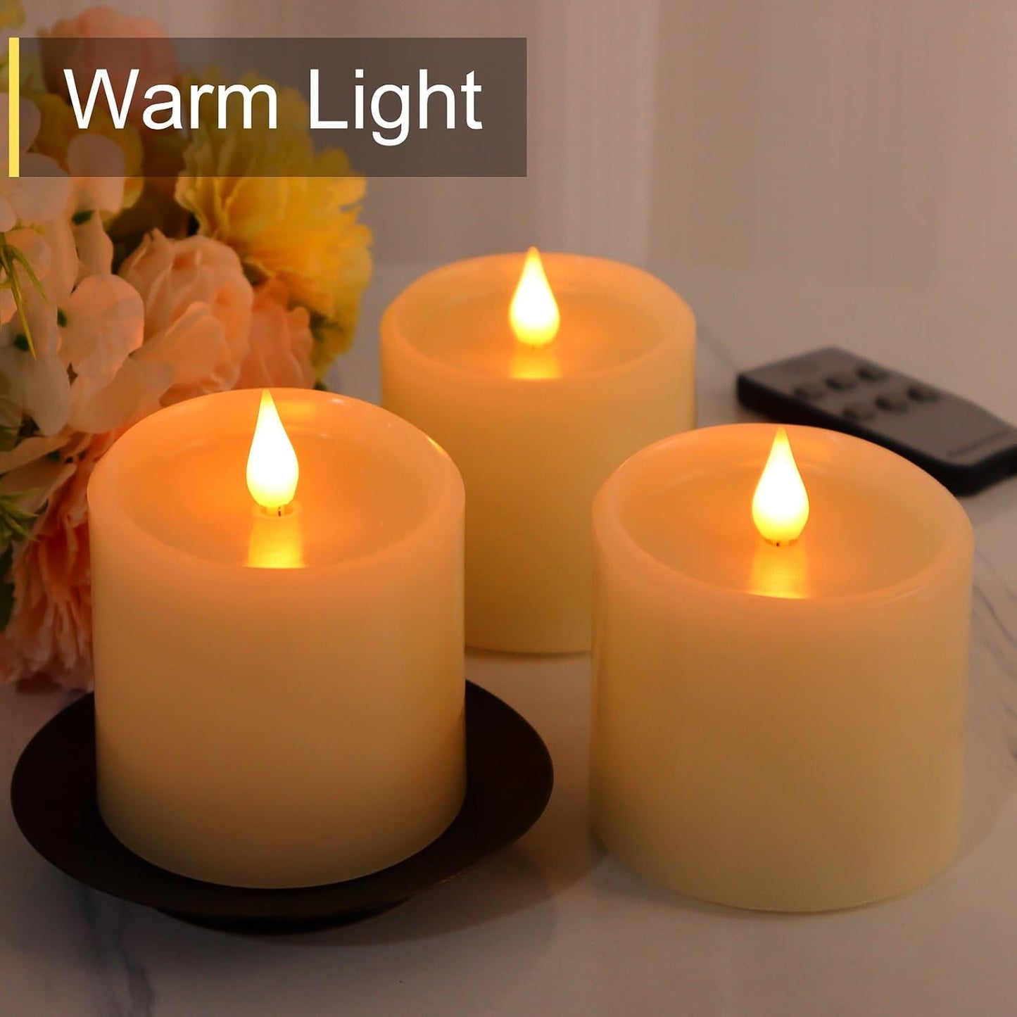 Flameless Candles Battery Operated with Remote Timer, 3D Moving Flame Flickering, Last 600+ Hours Battery Candles, Set of 3 Ivory Real Wax Electric LED Candle, 3" x 3"