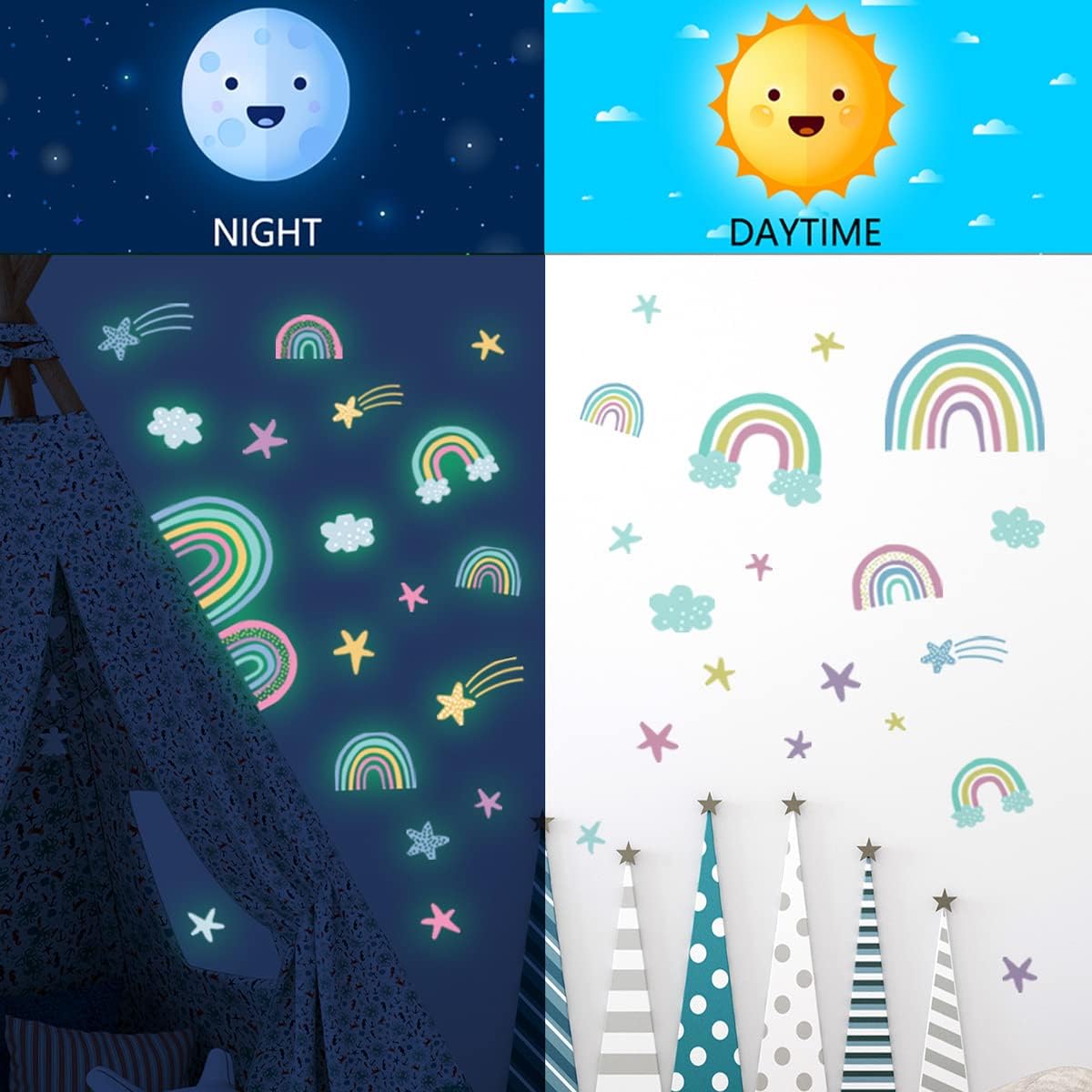 Quanhaigou Rainbow Clouds Stars Glow in The Dark Wall Stickers DIY Home Decor for Kid Boys Girl Bedroom Bathroom Decorations