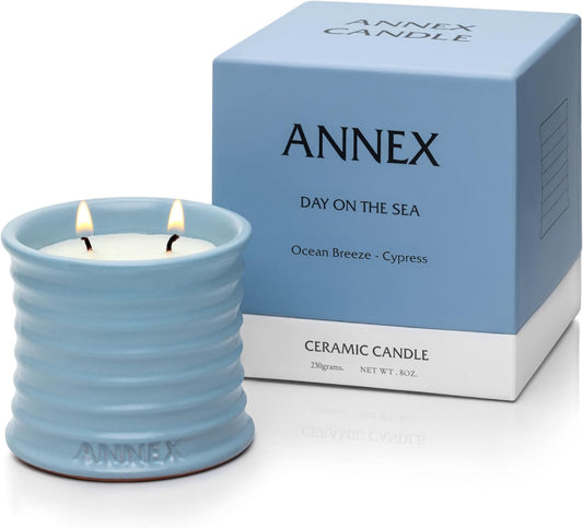 Scented Luxury Candles in Handmade Ceramic Jars, Soy Wax | Day On The Sea – Cypress & Cedar, Large Candle | Non Toxic, 2 Wicks, Reusable Big Blue Jar | Natural Spring Aromatherapy for Women & Men