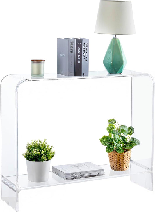 MyGift Premium 15mm Clear Acrylic Entryway Console Table with Bottom Display Shelf, 2 Tier Living Room Sofa Back Storage Shelves Modern Luxury Home Decor