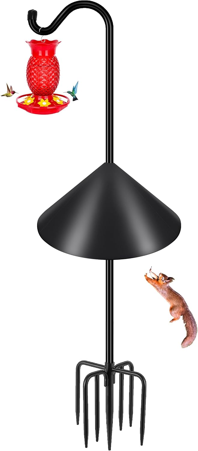 Gtongoko Bird Feeder Pole Squirrel Proof 92 Inch Shepherds Hook for Outdoor with Squirrel Baffles Adjustable Heavy Duty with 7 Prongs Base for Hanging Plants, Bird Feeders, Black