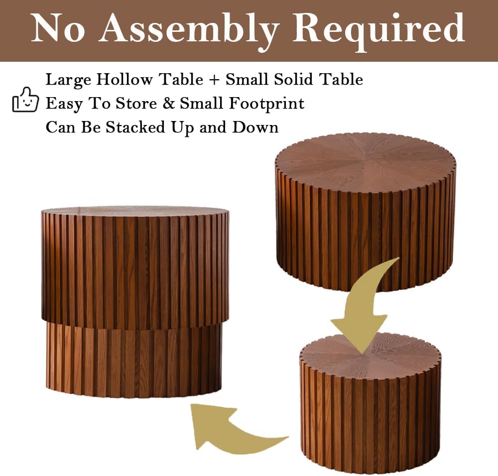 Round Nesting Coffee Table Brown Round Fluted Coffee Table Set of 2 for Living Room Small Circle Drum Nested Coffee Tables (Brown 27in)