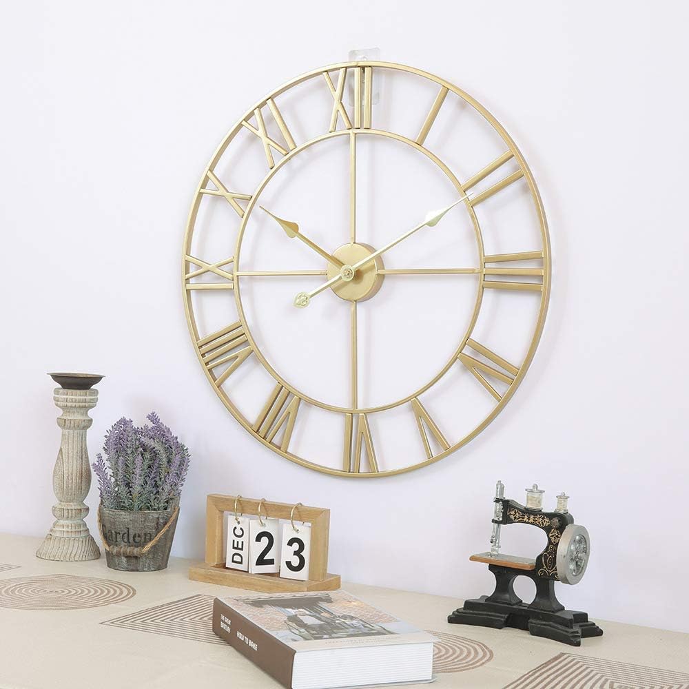 LEIKE Large Modern Wall Clocks,18" Gold Metal,Rustic,Round,Silent Non Ticking,Battery Operated Roman Numerals Clock for Living Room/Bedroom/Kitchen Wall Decor-(Gold, 47cm)