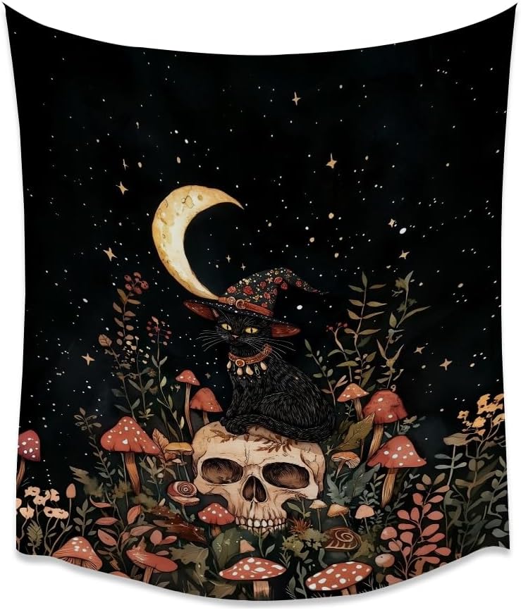Halloween Witch Cat Tapestry Gothic Skull and Mushroom Artwork Print Spooky Halloween Witchy Wall Hanging Decor Black Cat Crescent Moon art Tapestries for Living Room Bedroom Decoration 60x80inch
