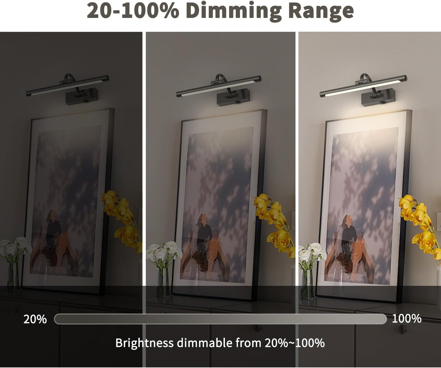 Battery Operated Picture Lights for Wall, Wireless Painting Lights Dimmable Artwork Lighting with Remote and Timer, Rechargeable Art Lights for Paintings-Brushed Grey 16'' inch Warm White