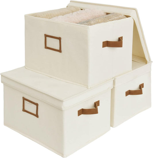 StorageWorks Storage Bins with Lids, Decorative Storage Boxes with Lid and PU Handles, Foldable Storage Baskets for Closet, Shelves, Stackable, Ivory, Jumbo, 3-Pack