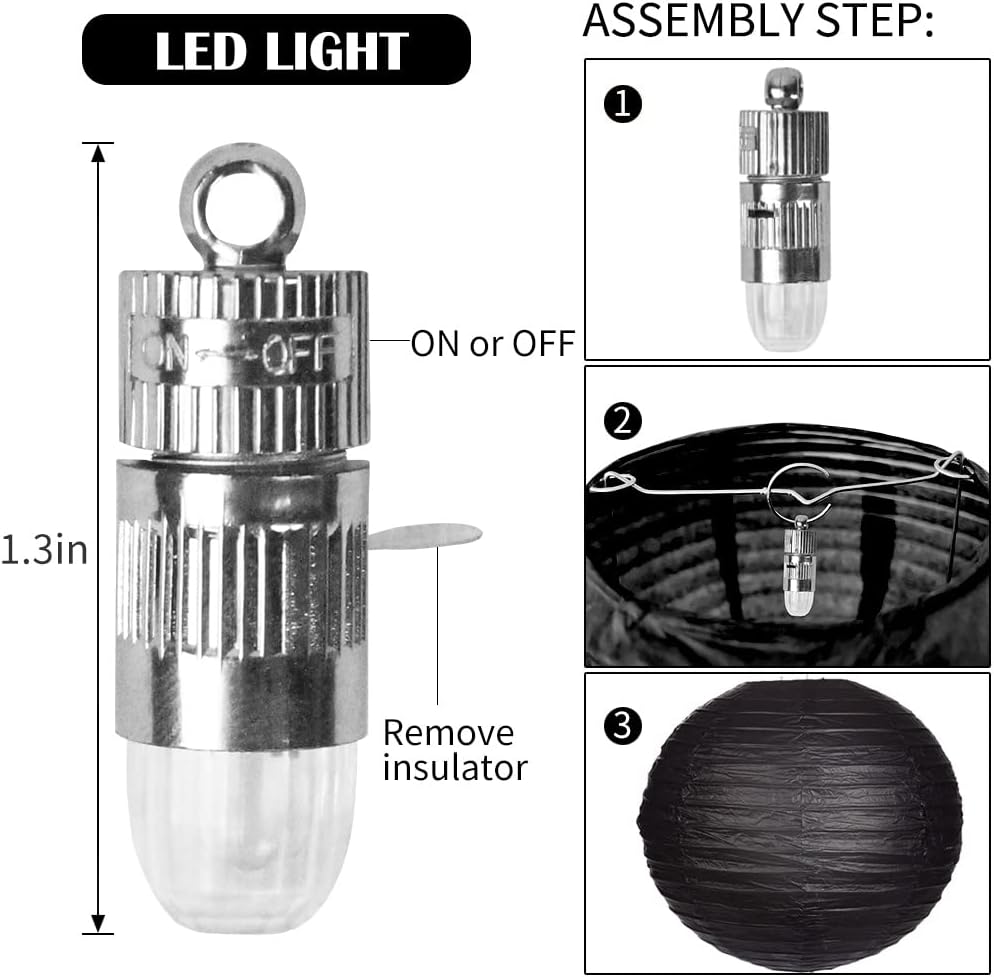 Paper Lanterns Decorative, Black Gold Hanging Round Chinese Lanterns with Lights for Graduation Anniversary Birthday Party 12 LED Light Pack of 12