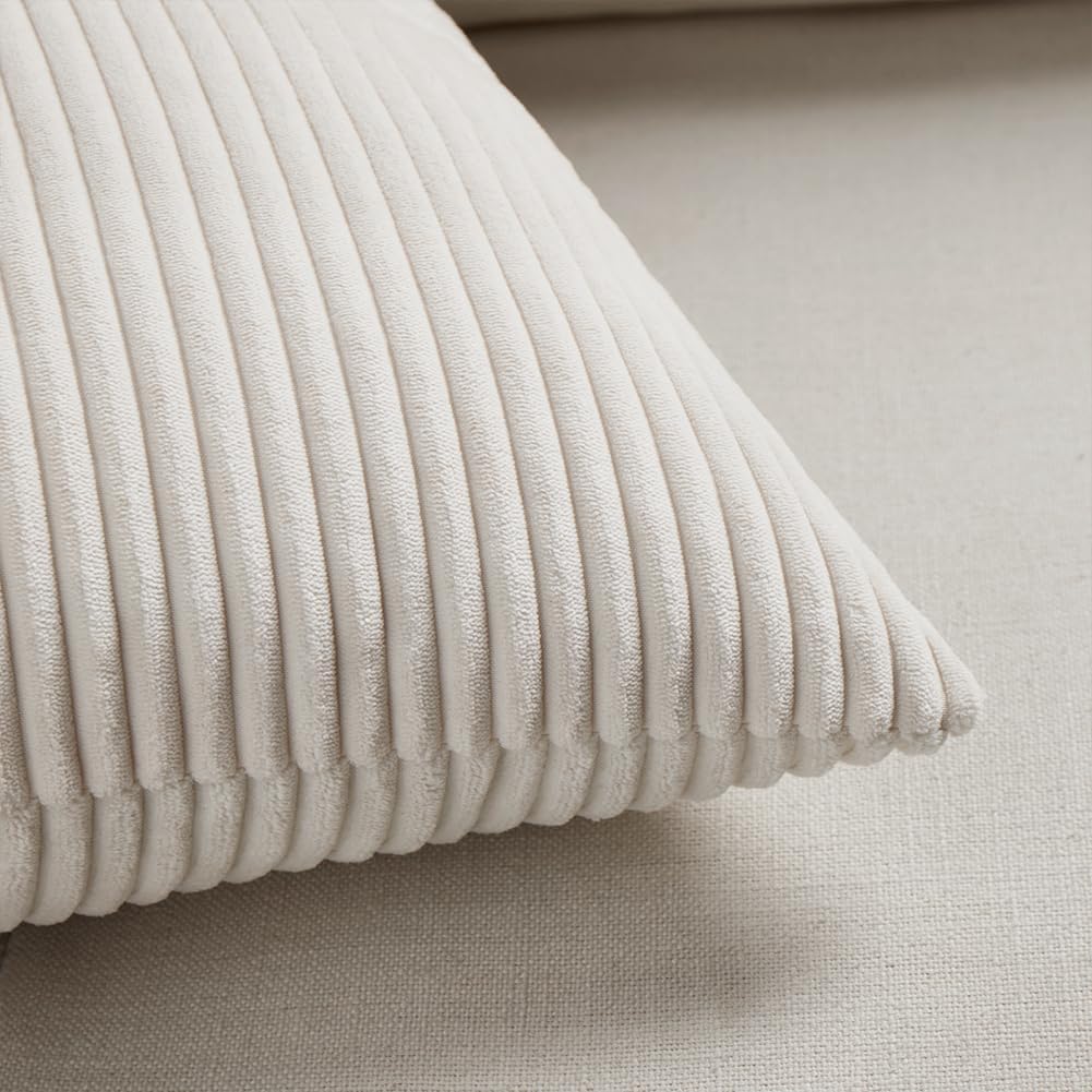 Fancy Homi 2 Packs Cream Lumbar Decorative Throw Pillow Covers 12x20 Inch for Living Room Couch Bed Sofa, Rustic Farmhouse Boho Home Decor, Soft Striped Corduroy Rectangle Accent Cushion Case 30x50 cm