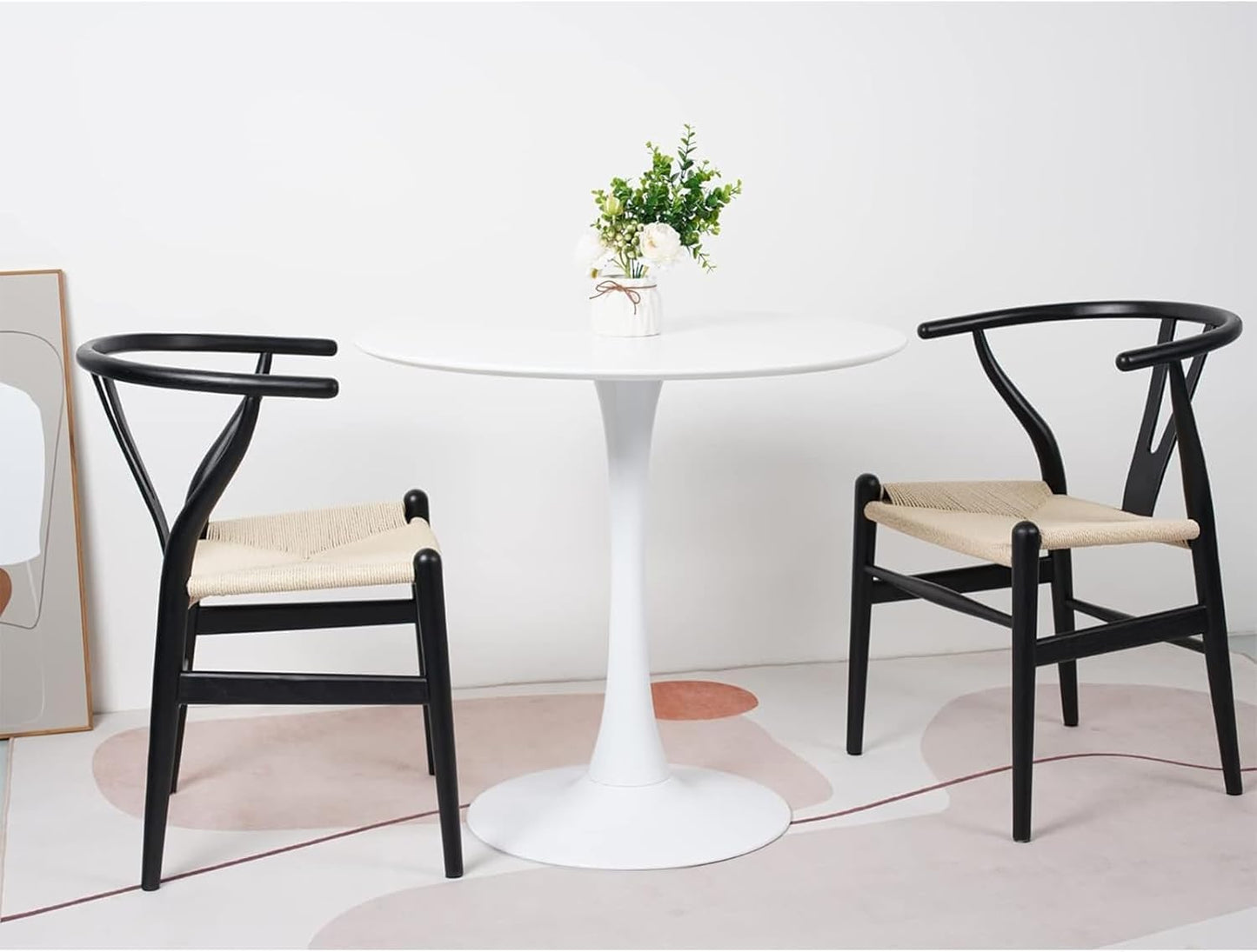 Tomile Solid Wood Wishbone Chair Y Chair Mid-Century Armrest Dining Chair, Hemp Seat (Ash Wood - Black with Natural seat.)