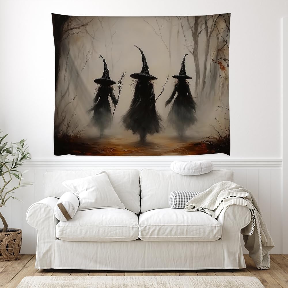 Witchy Halloween Tapestry Wall Hanging Vintage Spooky Witch Room Print Dark Academia Autumn Forest Three Witches Tapestries Decor for Halloween Living Room Bedroom Decoration 30x40inch