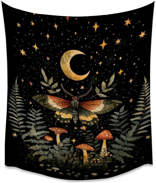 Mystical Moth Mushroom Tapestry Dark Academia Aesthetic Wall Hanging Decor Moon Star Witchy Print Butterfly Enchanted Forest Tapestries for Home Bedroom Living Room Office Decor 70x90inch