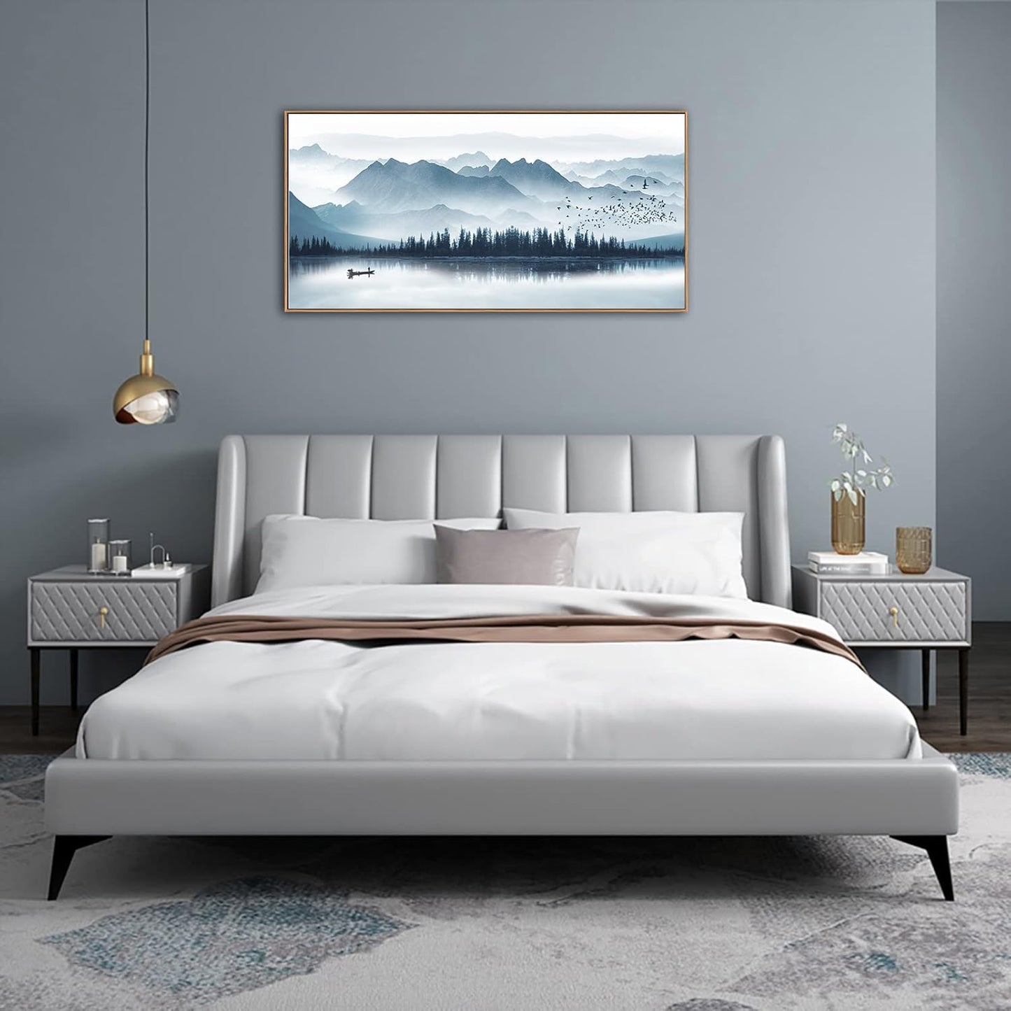 Indigo Framed Canvas Wall Art Misty Mountain Wall Pictures Foggy Lake Boat Canvas Painting Prints Forest Birds Canvas Wall Decor for Living Room Bedroom Decorations Natural Framed 24" x 48"