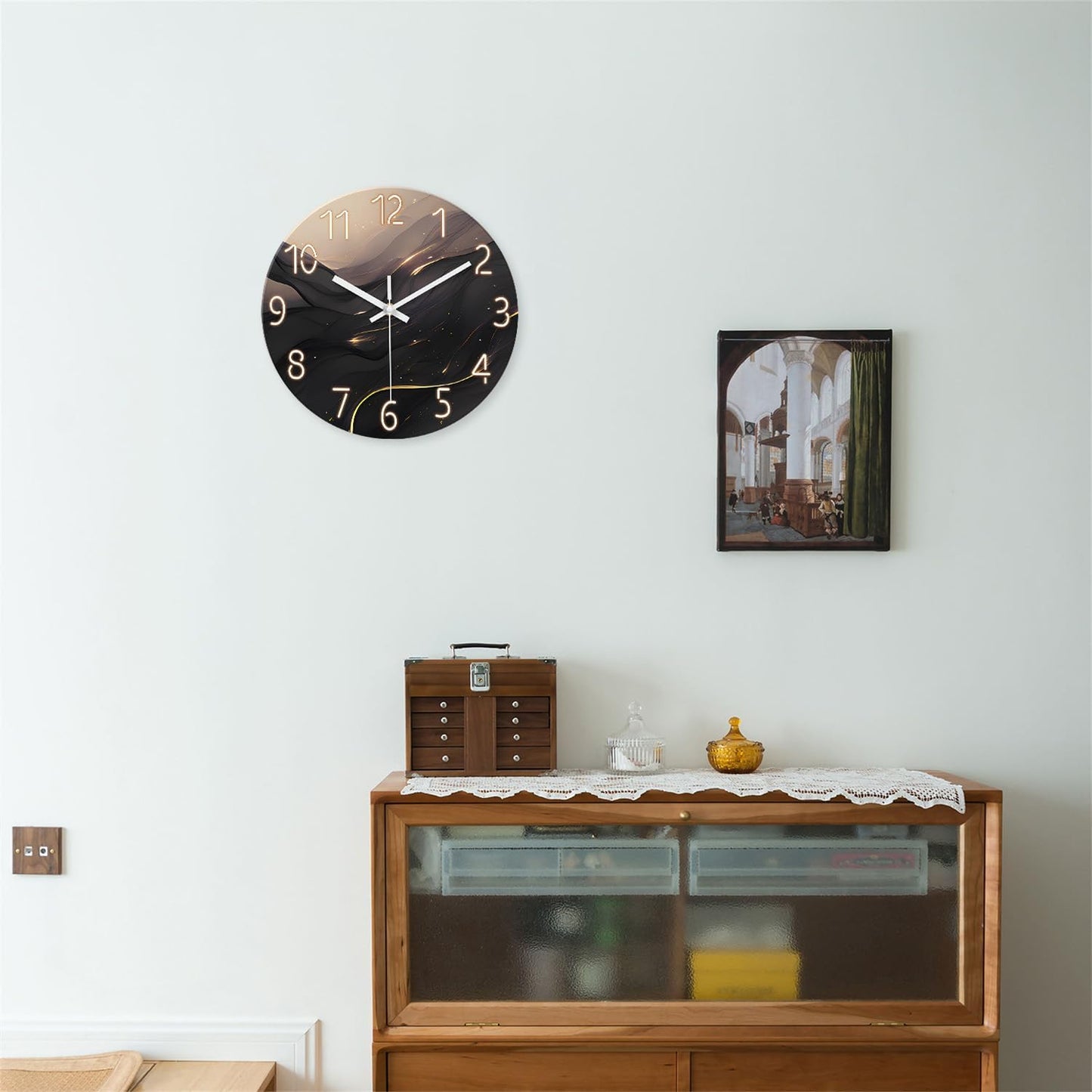 Large Wall Clocks Battery Operated 16 Inch Marble Glass Wall Clock for Living Room Black and Glod Wall Clock Silent Non Ticking