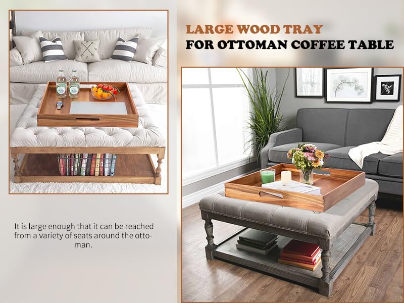 Large Ottoman Tray for Living Room, 20" Extra Large Tray for Ottoman Square Acacia Serving Trays with Handles for Coffee Table, Breakfast, Appetizers, Dinner