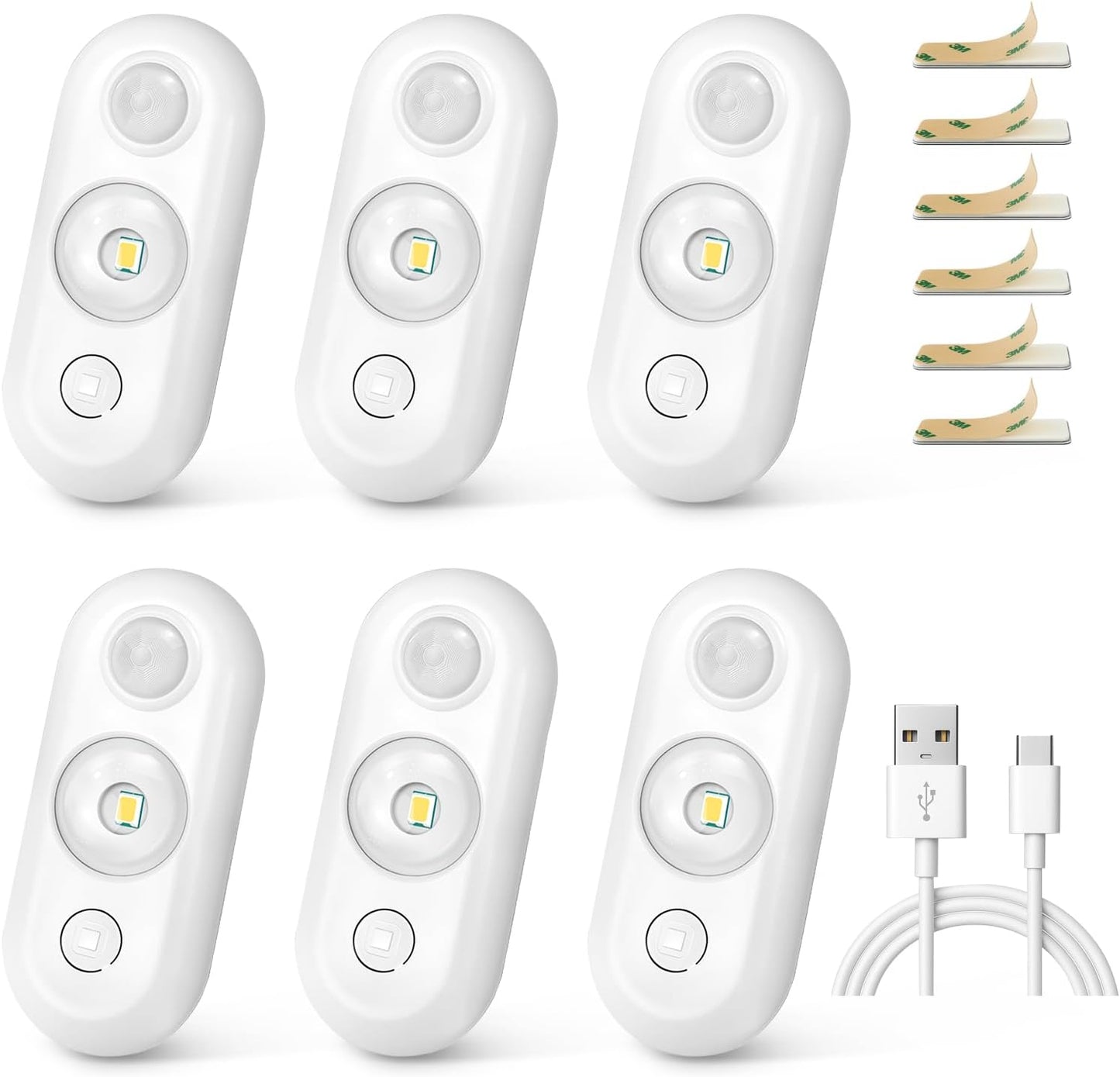 LED Motion Sensor Puck Lights, Under Cabinet Lighting, Indoor Rechargeable Wireless Cabinet Light, Dimmable Magnetic Stick-On Night Lights for Closet, Kitchen, Stairs, 6000K Daylight White 6-Pack