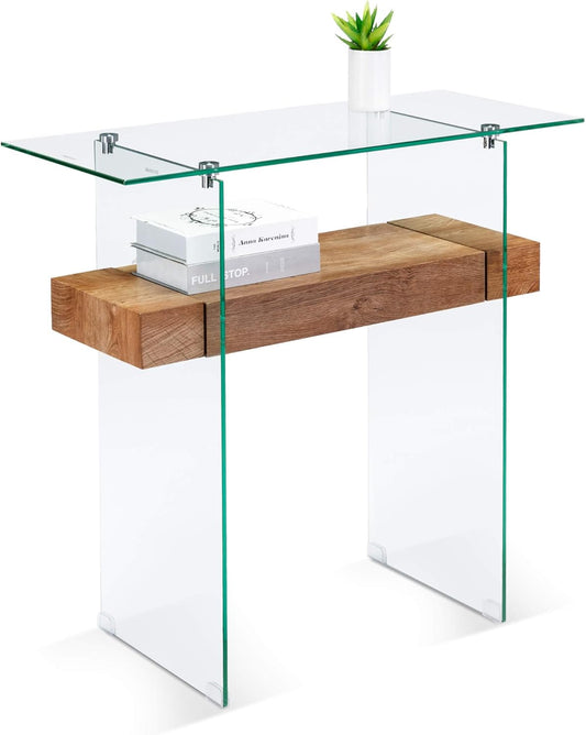 ivinta Glass Console Table with Storage, 31.5'' Modern Narrow Entryway Table for Small Space with Natural Wood Shelves for Living Room, Hallway, Foyer, Bedroom 5103 (Natural)