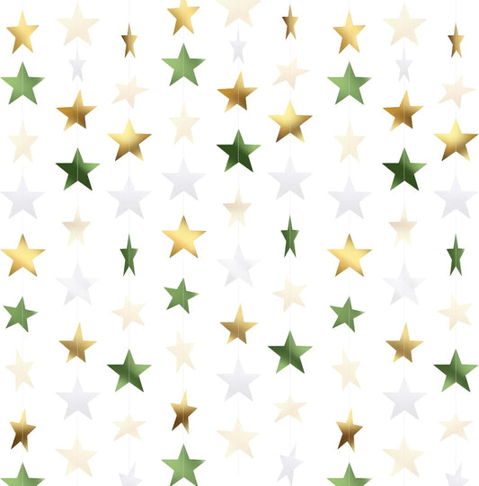 Patelai Glitter Star Garland Banner Decor 130 Feet Star Hanging Bunting Banner Twinkle Backdrop for Homecoming Classroom Wedding Birthday Halloween Christmas Party Supplies(Sage Green, Gold, White)