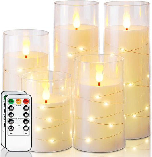 Homemory Flameless Candles with Embedded Star String Fairy Lights, Battery Operated Candles, LED Candle, Fake Candles with Remote Control and Timer, Ivory, Set of 5(H4 5" 6" 8" 8")