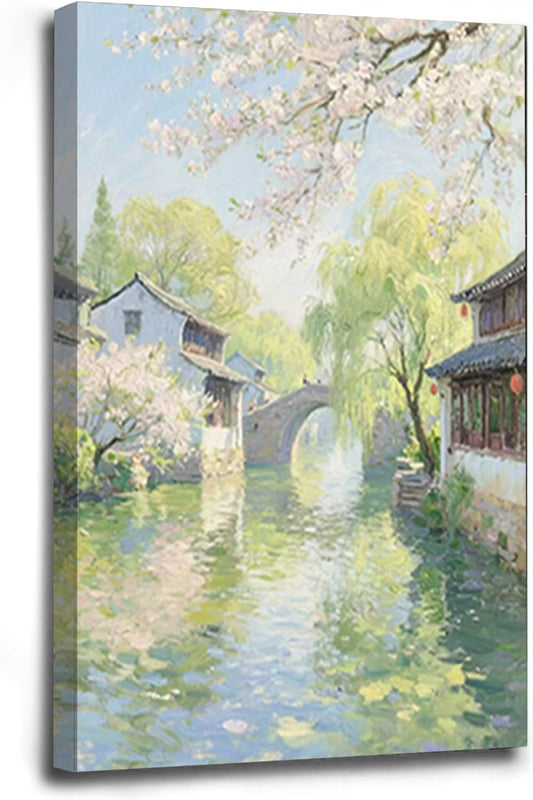 Small bridge stream house Jiangnan style landscape poster suitable for living room bedroom office natural oil painting poster