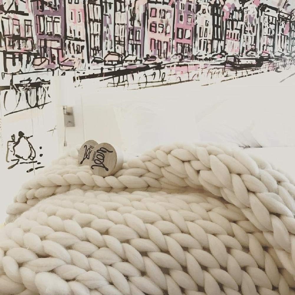 Chunky Knit Blanket Hand Made Merino Wool Throw Boho Bedroom Sofa Home Decor Giant Yarn(Ivory White 40"x80")