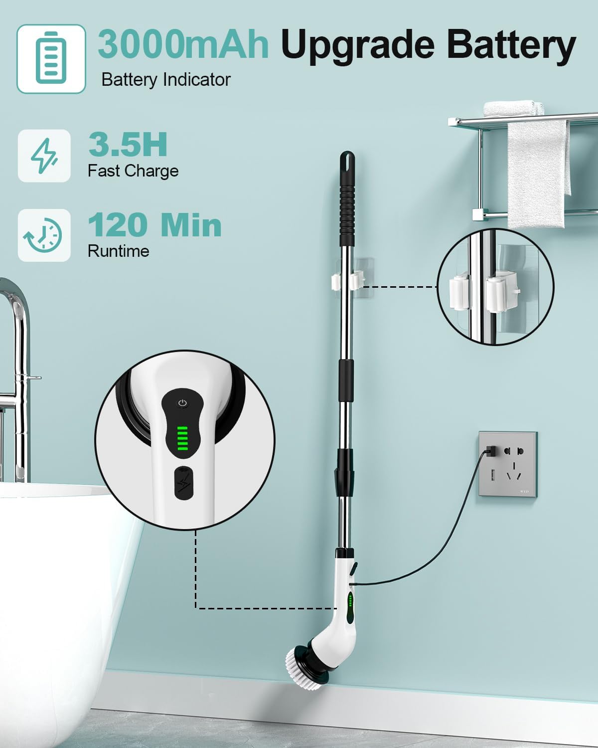 Electric Spin Scrubber, Cordless Shower Scrubber Rotary Floor Brushes & Pad Drivers with 9 Brush Heads - 2H Dual Speed, IPX7 Waterproof Extension Handle for Bathroom Tile Car Cleaning, Whtie-Q