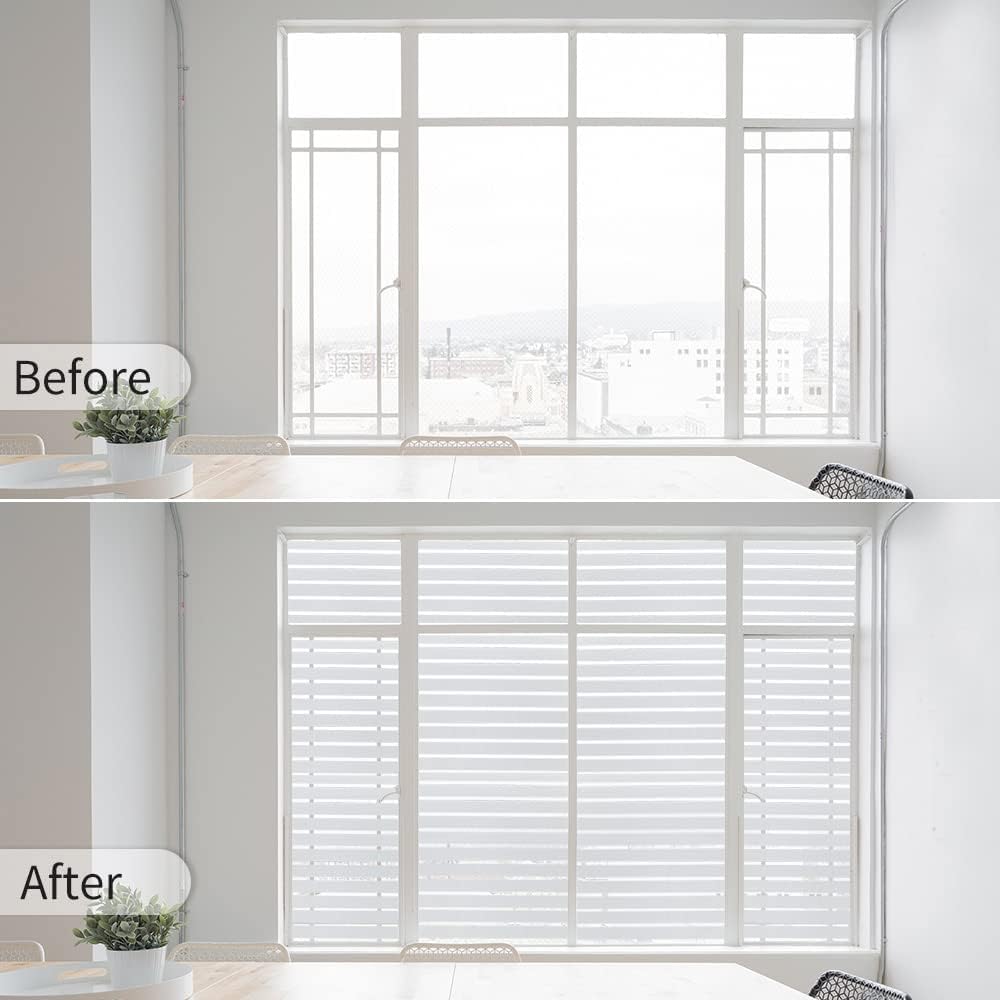 Window Privacy Film with Installation Tools, Stripe Window Film, Static Cling, Anti UV, Heat Control, Ideal for Home Shower Office Glass Door (Stripes Pattern, 45.2X314.9Inch)