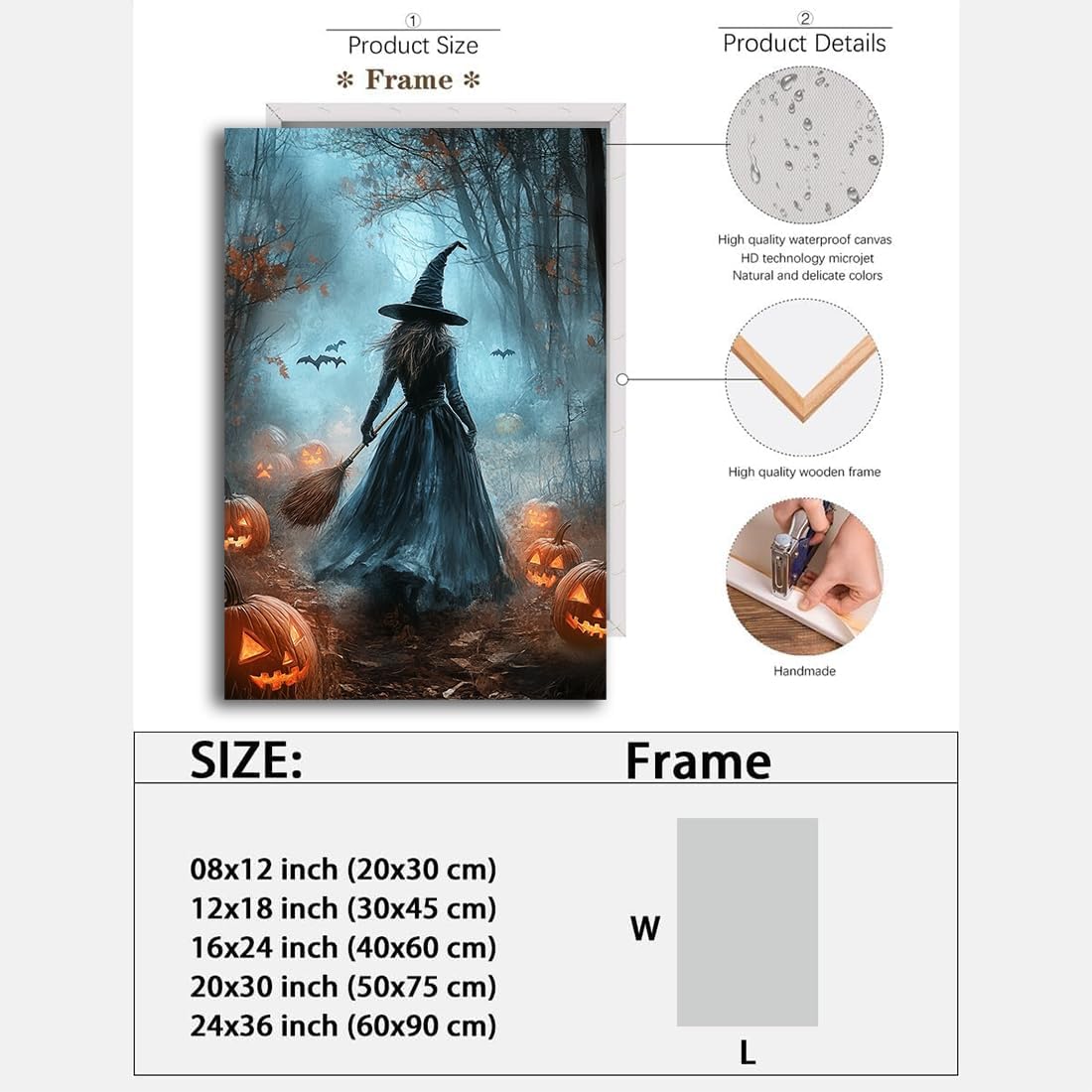 Vintage Moody Halloween Witch Artwork Wall Decor,Spooky Halloween Gothic Canvas Artwork Creepy Horror Witch with A Broom Pumpkin Bats Rustic Forest Picture,Dark Academia Poster,24"x36" Framed