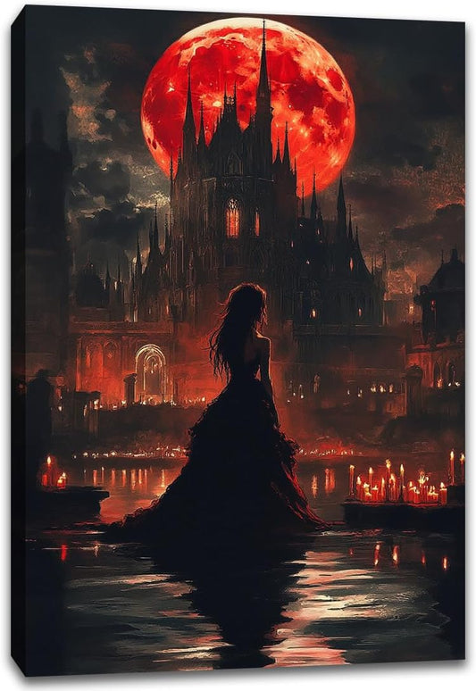 Halloween Witch Poster Canvas Prints Art Vintage Decor,Red Castle Blood Moon and Witch Scene Gothic Painting,Rustic Dark Academia Wall Art for Bathroom Spooky Living Room Wall Decor,20"x30" Framed