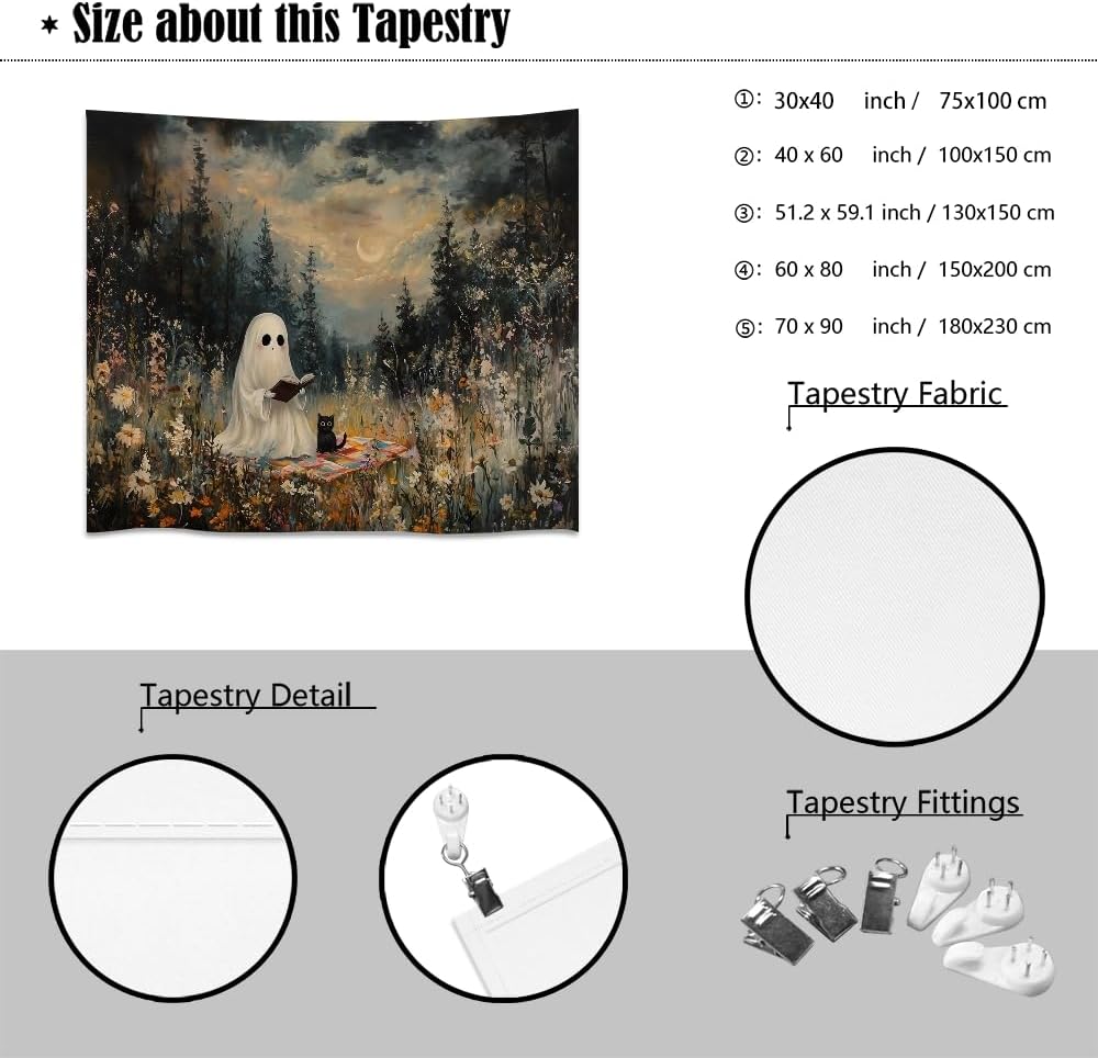 Halloween Ghost and Black Cat Tapestry Wall Hanging Spooky Ghos Reading Book in Wildflowers Wall Decor Halloween Witchy Room Aesthetic Tapestries for Goth Living Room Bedroom Decoration 50x60inch