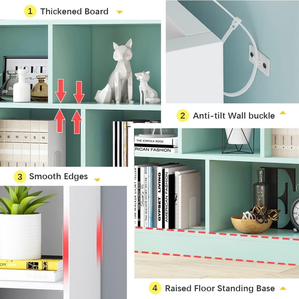 IOTXY Open Shelf Low Bookcase - Wooden 3-Tier Floor Standing Display Cabinet Organizer with Base, 7 Cubes Short Horizontal Bookshelf in Pear Yellow
