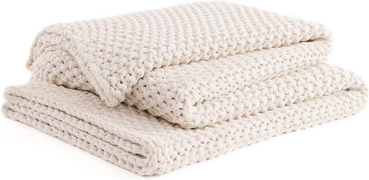 YnM Chunky Cotton Knit Throw Blanket, Cable Knit Throws for Bed Couch Sofa, Comfy & Relaxing, Decorative Piece for Farmhouse Modern Boho Rustic Scandinavian Chic Vibe, Cream White 40x50 Inches