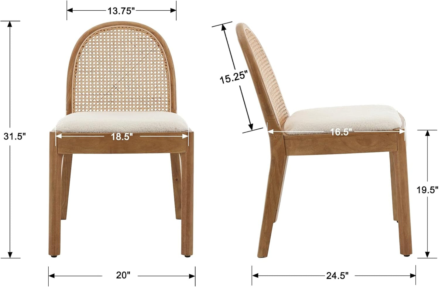 Mid Century Dining Chairs Set of 4, Accent Rattan Side Chairs Sherpa Fabric Kitchen Chair with Solid Wooden Legs for Living Room Dining Room, White