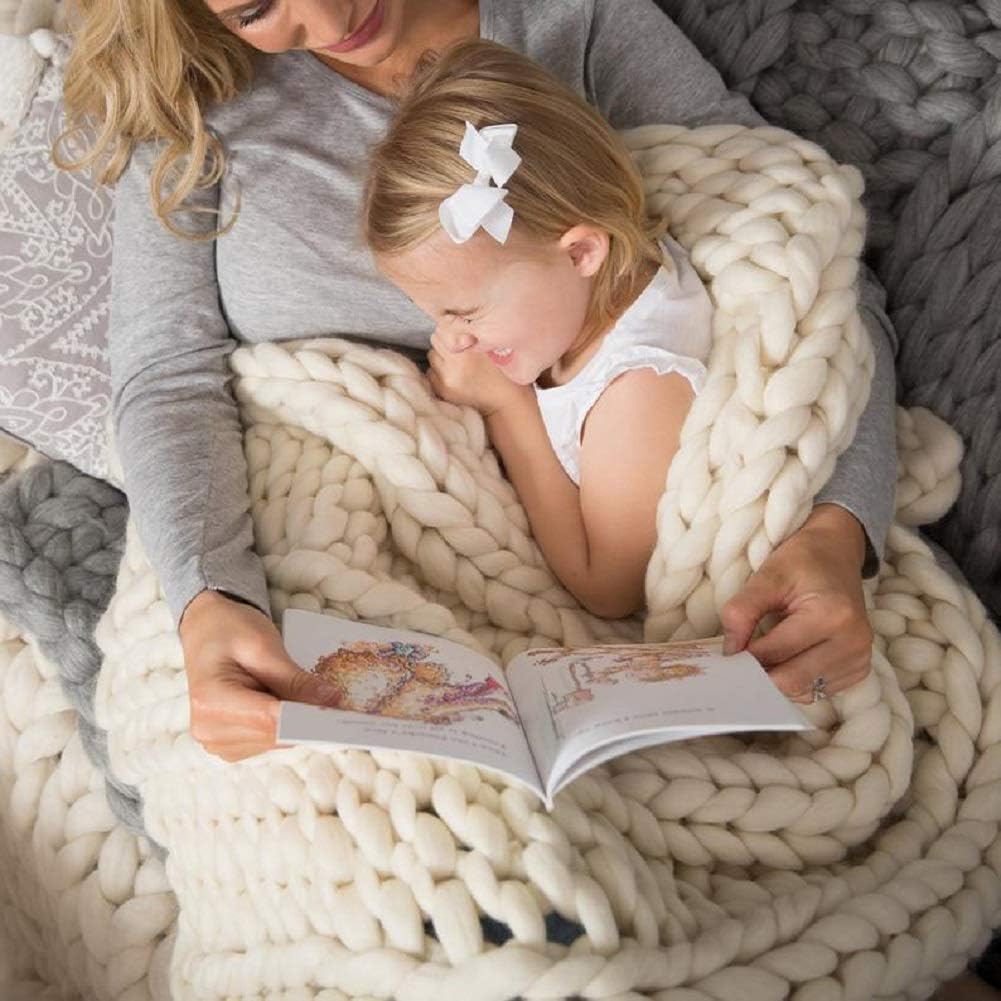 Chunky Knit Blanket Hand Made Merino Wool Throw Boho Bedroom Sofa Home Decor Giant Yarn(Ivory White 40"x80")