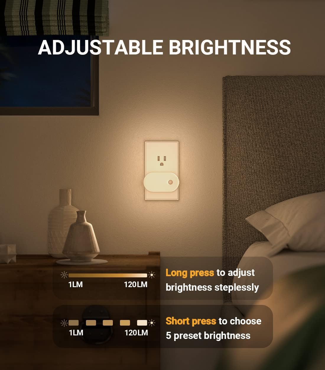 Lyridz Plug in Night Light with Motion Sensor, Smart Warm White LED Nightlights with 1-120LM Stepless Adjustable Brightness for Bathroom, Bedroom, Kitchen, Stairs, Hallway, 6 Pack