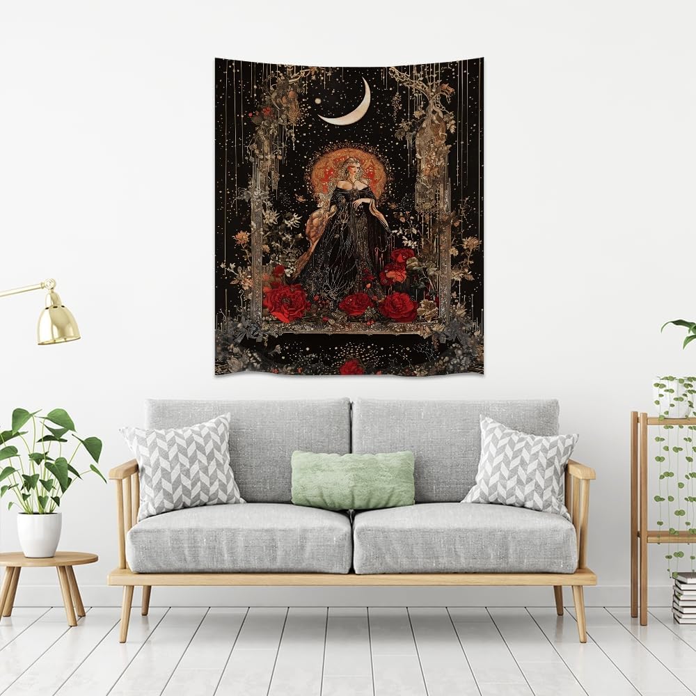 Dark Academia Moon Goddess Tapestry Gothic Fantasy Rose Wall Art Mystical Witchy Woman Print Victorian Artwork Aesthetic Tapestries Wall Hanging for Girls Room Bedroom Decor 50x60inch