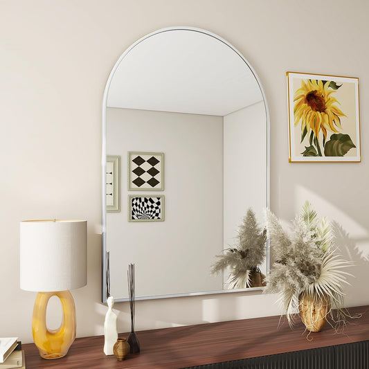 BEAUTYPEAK 26"x38" Arch Bathroom Mirror, Wall Mounted Vanity Metal Frame Mirror for Bedroom, Entryway, Living Room, Silver