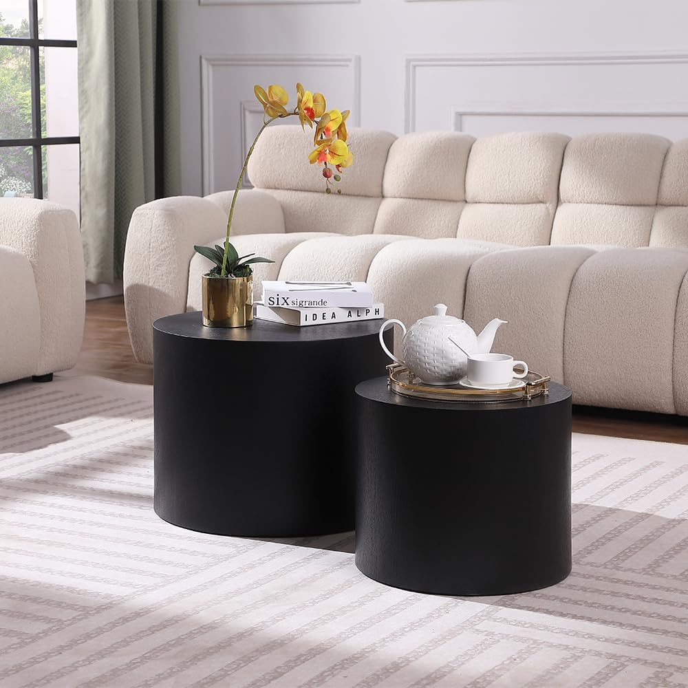 WILLIAMSPACE 18.9" Black Nesting Coffee Table Set of 2, Modern Black Round Coffee Tables Circle Side Table for Small Space, Accent End Table Set, No Assembling, Matte Black
