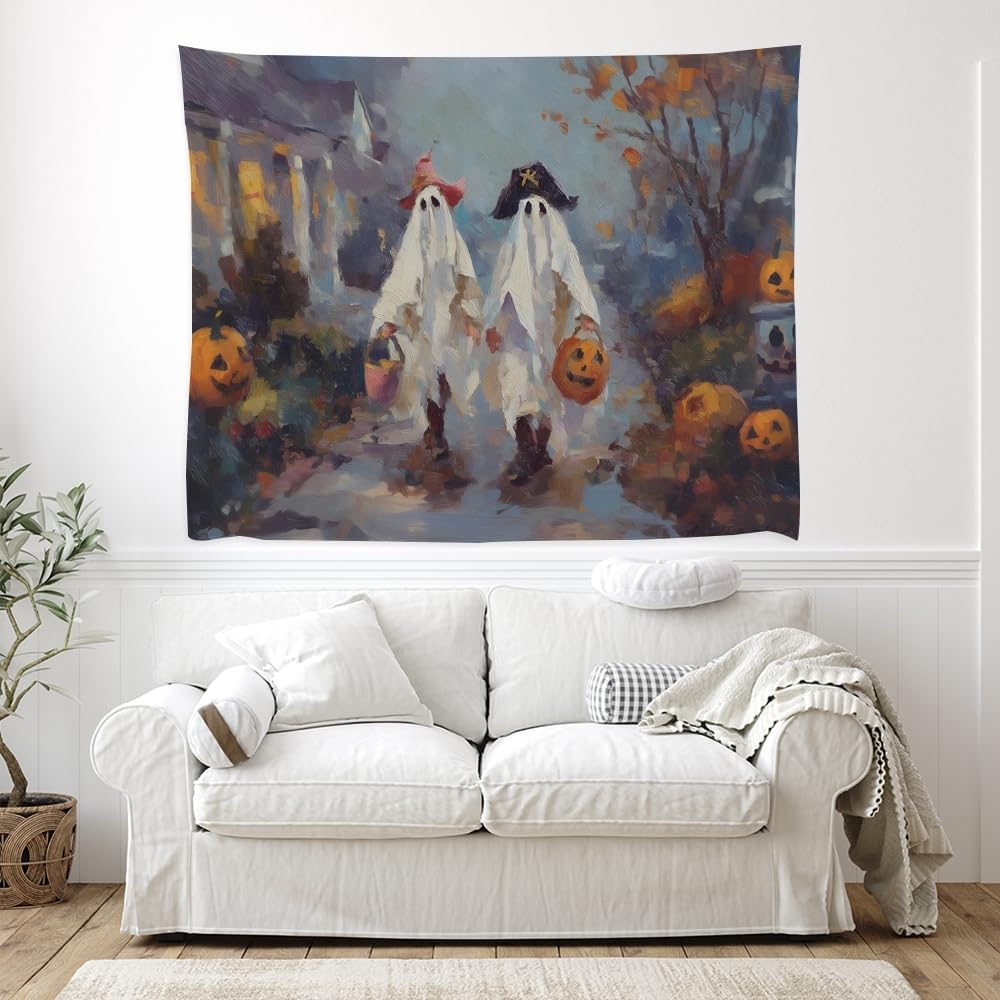 Funny Halloween Ghost Tapestry Wall Hanging Cute Kids Nursery Room Decor Trick or Treat Art Print Goth Fall Pumpkin Ghost Tapestries for Living Room Bedroom wall Decor 30x40inch