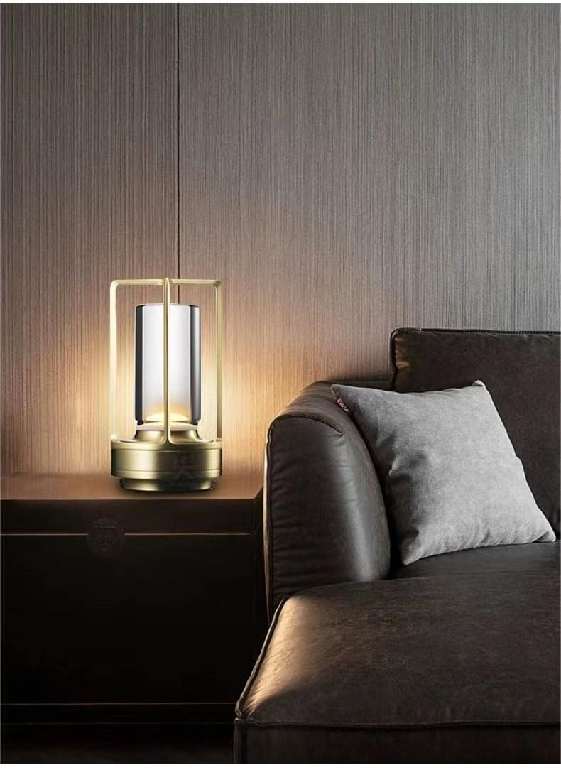 Portable Metal Table Lamp for Indoor/Outdoor ,Rechargeable Cordless LED Lamp, 3-Colour Infinitely Dimming Battery Powered Small Desk Lamp, Restaurant/Bedroom/Bar/Coffee Shop/Camping Light (Gold)