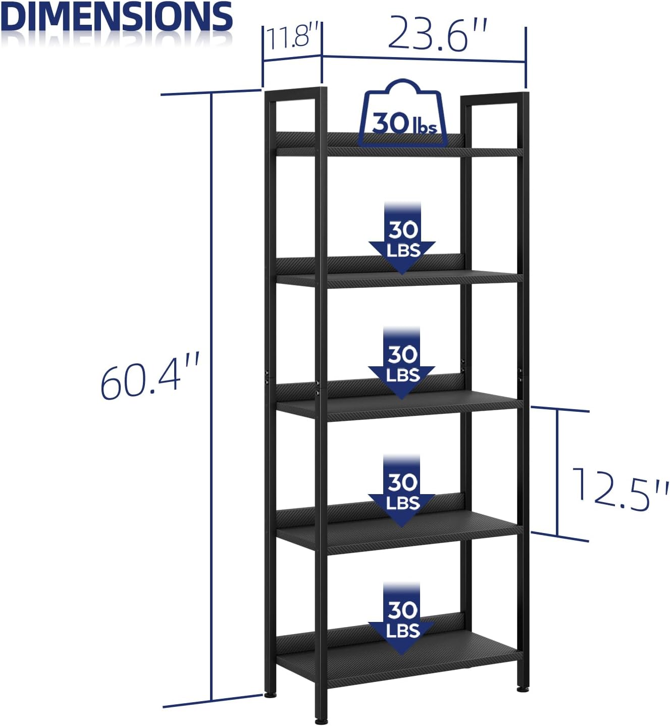 NUMENN Bookshelf, 5 Tier Bookshelves, Home Office Bookcase Shelf Storage Organizer, Free Standing Storage Shelving Unit for Bedroom, Living Room and Home Office, Carbon Fibre