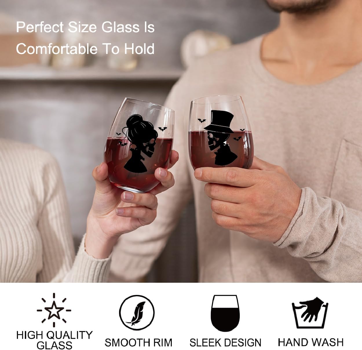 Perfectinsoy Skull Wine Glass 2 Piece with Gift Box, Till Death Skeleton Bride, Valentine's Day Halloween Anniversary Wedding Gifts for Couple Wife Husband, Couple Gifts for Boyfriend Girlfriend