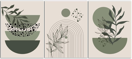 Sage Green Boho Wall Art Set of 3 Abstract Minimalist Geometric Line Poster Green Botanical Leaf Canvas Prints Modern Artwork Painting Decor for Living Room Bedroom Office 16x24 in Unframed