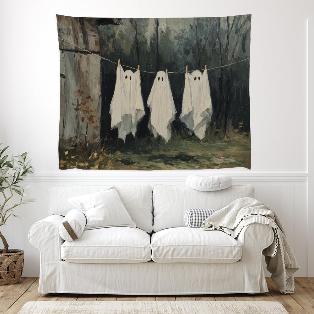 Vintage Halloween Tapestry Funny Ghosts on Clothesline Tapestry Wall Hanging Farmhouse Gothic Room Decor Spooky Ghost Prints for Dark Academia Halloween Party House Decoration Tapestries 40x60inch