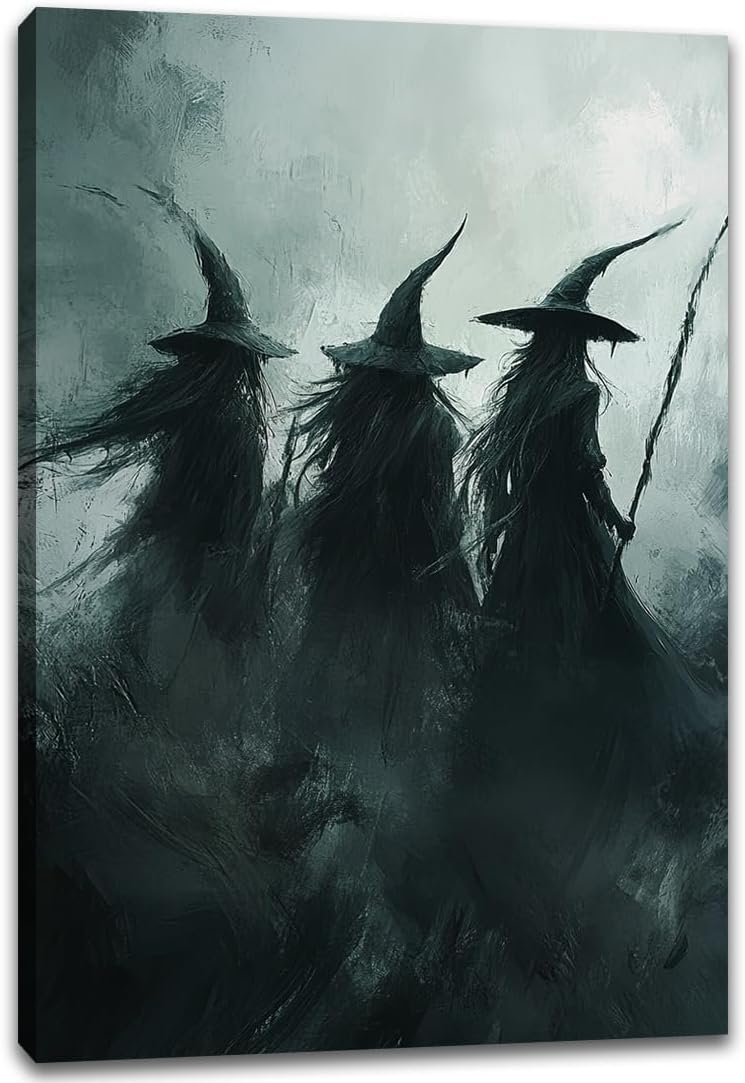 Gothic Witchs Horror Halloween Wall Art,Three Witches in Moody Forest Painting Wall Decor,Autumn Spooky Witches Forest Canvas Printing For Gallery Living Room Bedroom,16"x24" Framed