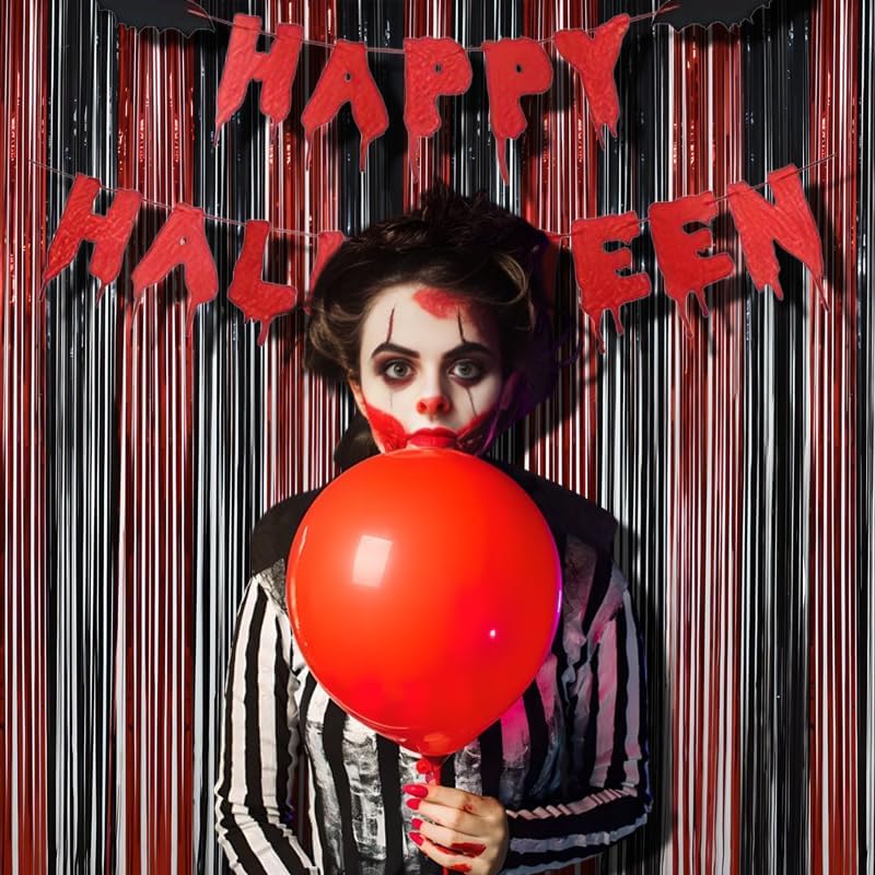 BRAVESHINE Tinsel Photo Backdrop Curtains - 2 Pack 3.2x8.2ft Black Red Foil Fringe Streamer Curtain for Halloweens, Lantern, Pumpkin, Home, Indoor or Outdoor Party Supplies Decorations