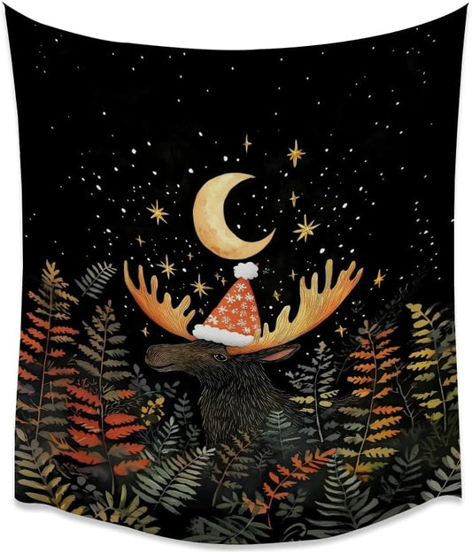 Cute Moose Tapestry Winter Christmas Aesthetic Wall Hanging Decor Funny Animal Lover Gift Whimsical Christmas Tapestries for Nursery Kids Bedroom Home Living Room Decoration 60x80inch