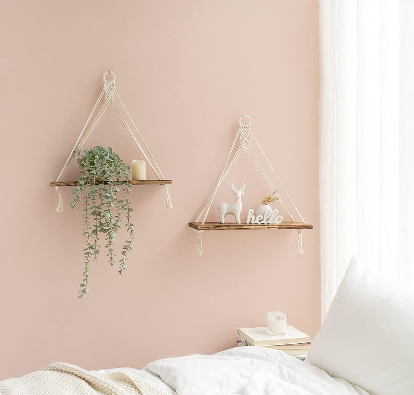 Mkono Macrame Hanging Shelves Boho Wall Decor Set of 2 Rustic Wood Floating Storage Shelf for Bedroom Bathroom Living Room Nursery Dorm Room, Display Shelving for Hanging Plants Photos