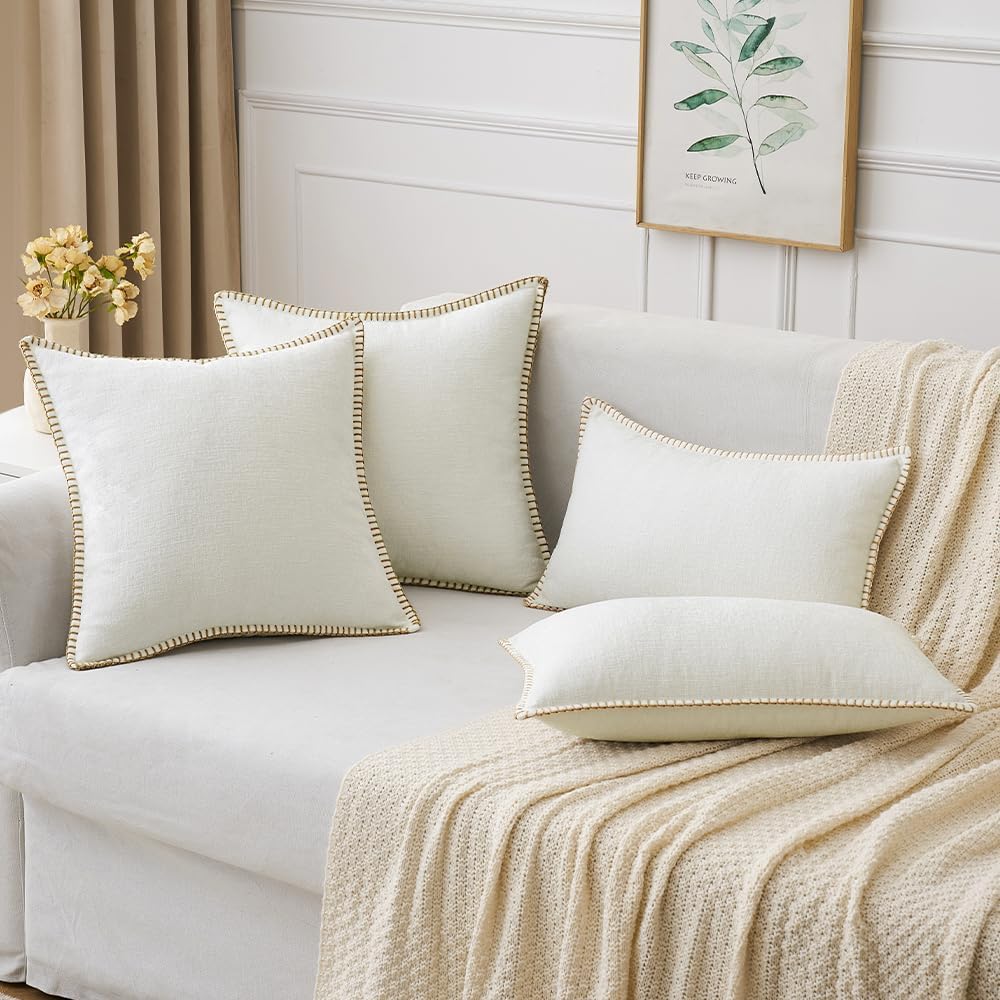 MIULEE Pack of 2 Christmas Pillow Covers 20x20 Inch Pure White Farmhouse Decorative Throw Pillow Covers with Stitched Edge Soft Chenille Solid Dyed Couch Pillow Covers for Sofa Bed Living Room