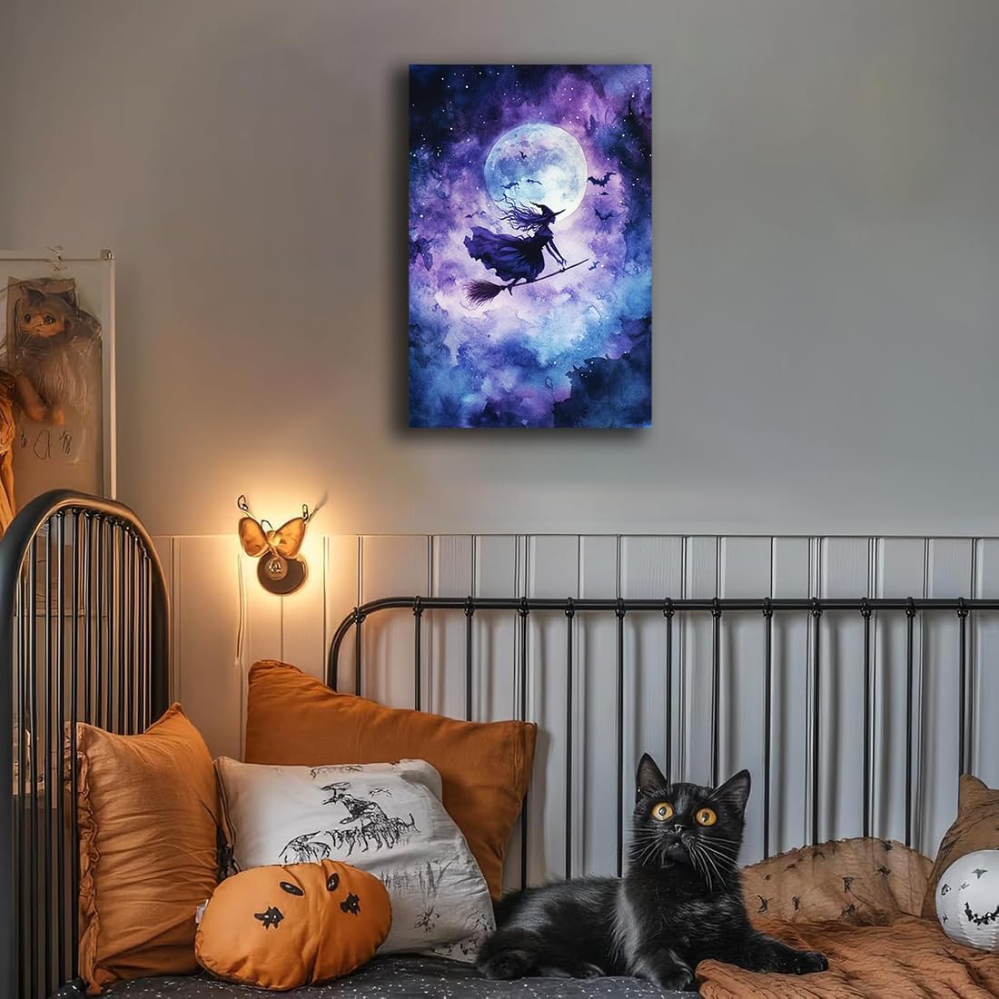 Witch On Broom Flying Wall Art,Gothic Halloween Canvas Wall Art,Victorian Witch Silhouette In Moonlight Broomstick Poster Pictures,Creepy Halloween Purple Night Sky Print,24"x36" Framed