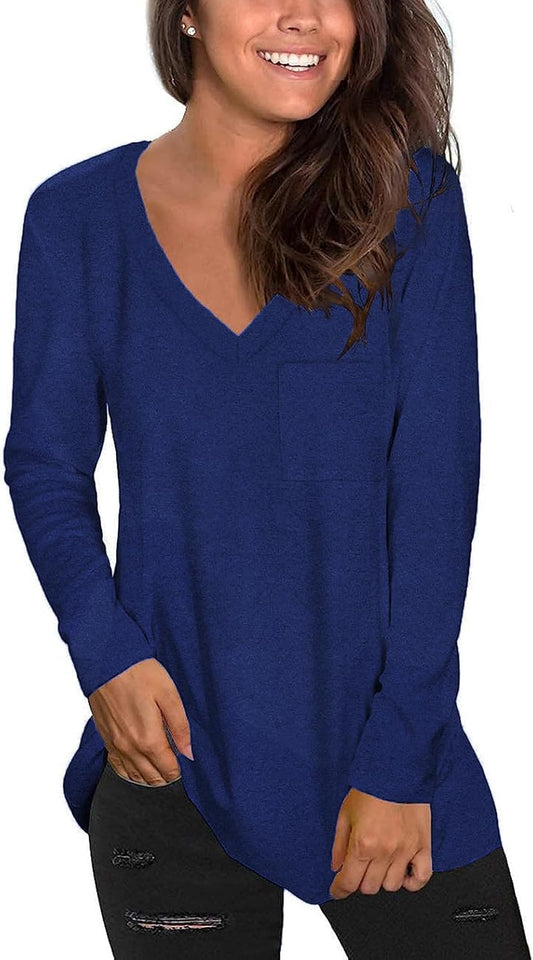 Tobrief Women's Long Sleeve V-Neck Shirts Fall Graphic Tees Loose Casual T-Shirt